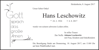 Traueranzeige von Hans Leschowitz von Heidenheimer Zeitung