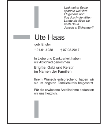 Traueranzeige von Ute Haas von Heidenheimer Zeitung