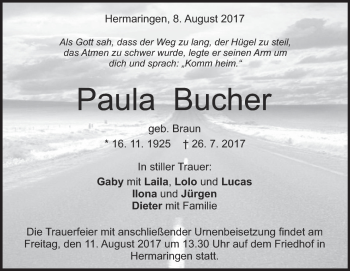 Traueranzeige von Paula Bucher von Heidenheimer Zeitung