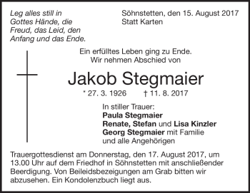 Traueranzeige von Jakob Stegmaier von Heidenheimer Zeitung