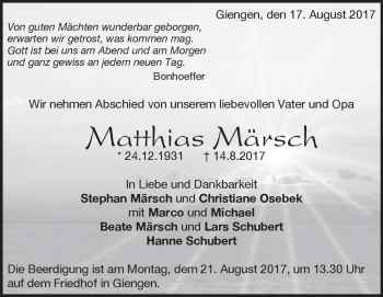 Traueranzeige von Matthias Märsch von Heidenheimer Zeitung
