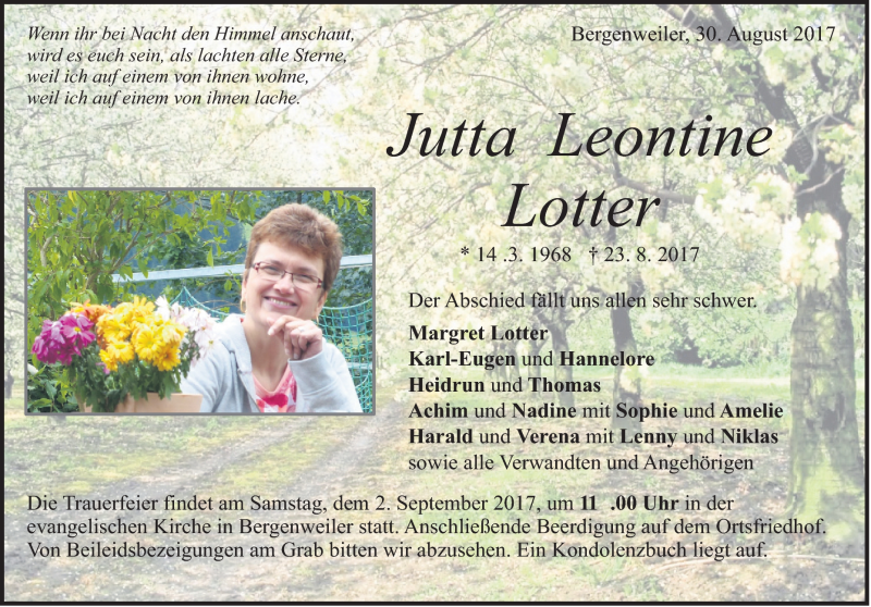  Traueranzeige für Jutta Leontie Lotter vom 30.08.2017 aus Heidenheimer Zeitung