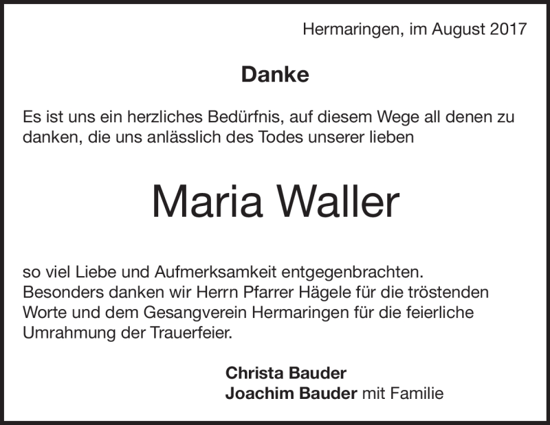  Traueranzeige für Maria  Waller vom 10.08.2017 aus Heidenheimer Zeitung