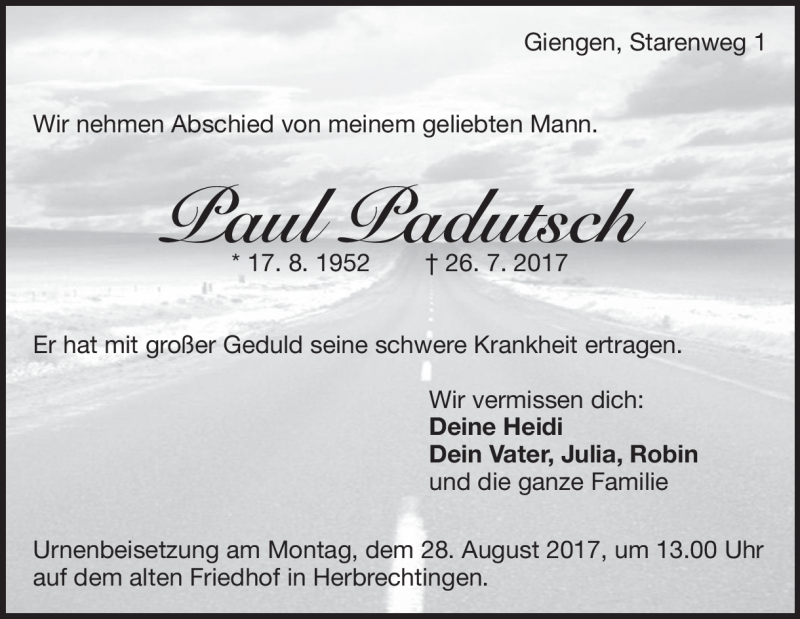  Traueranzeige für Paul Padutsch vom 14.08.2017 aus Heidenheimer Zeitung