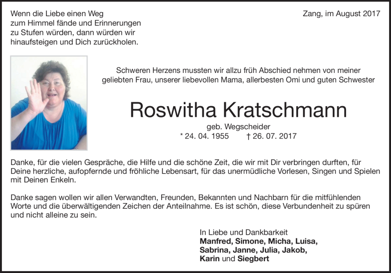  Traueranzeige für Roswitha Kratschmann vom 18.08.2017 aus Heidenheimer Zeitung
