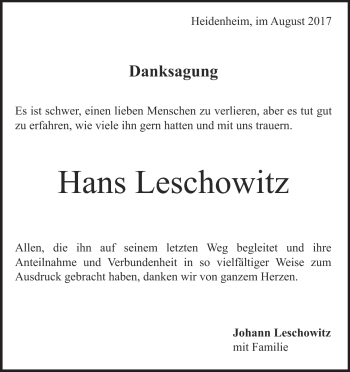 Traueranzeige von Hans Leschowitz von Heidenheimer Zeitung