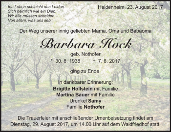 Traueranzeige von Barbara Hock von Heidenheimer Zeitung