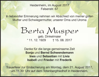 Traueranzeige von Berta  Musper von Heidenheimer Zeitung