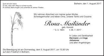 Traueranzeige von Rosa Mailänder von Heidenheimer Zeitung