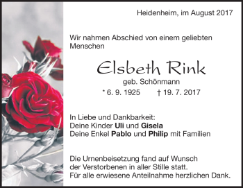 Traueranzeige von Elsbeth Rink von Heidenheimer Zeitung
