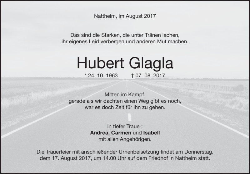  Traueranzeige für Hubert Glagla vom 12.08.2017 aus Heidenheimer Zeitung
