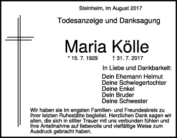 Traueranzeige von Maria Kölle von Heidenheimer Zeitung