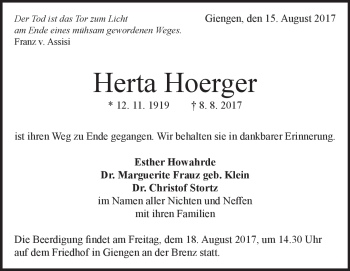 Traueranzeige von Herta  Hoerger von Heidenheimer Zeitung