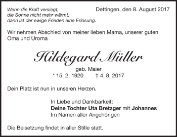 Traueranzeige von Hildegard Müller von Heidenheimer Zeitung