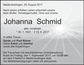 Traueranzeige von Johanna Schmid von Heidenheimer Zeitung