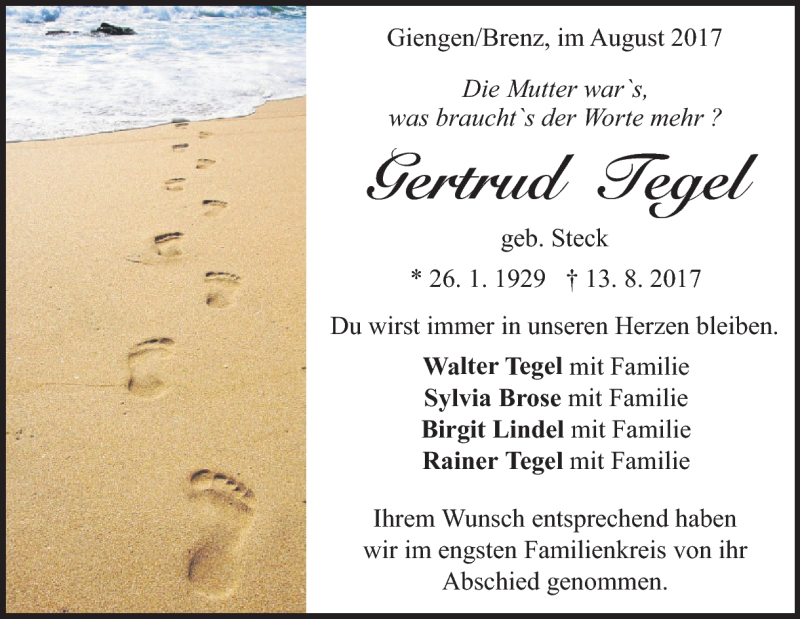  Traueranzeige für Gertrud  Tegel vom 17.08.2017 aus Heidenheimer Zeitung
