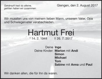 Traueranzeige von Hartmut Frei von Heidenheimer Zeitung