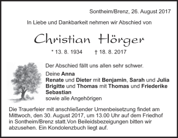 Traueranzeige von Christian Hörger von Heidenheimer Zeitung