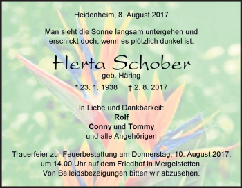 Traueranzeige von Herta Schober von Heidenheimer Zeitung