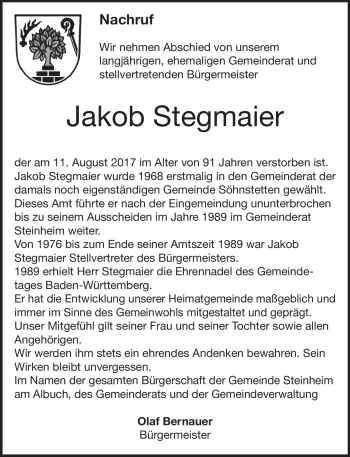 Traueranzeige von Jakob Stegmaier von Heidenheimer Zeitung