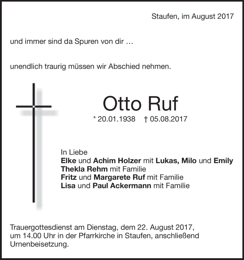  Traueranzeige für Otto Ruf vom 10.08.2017 aus Heidenheimer Zeitung