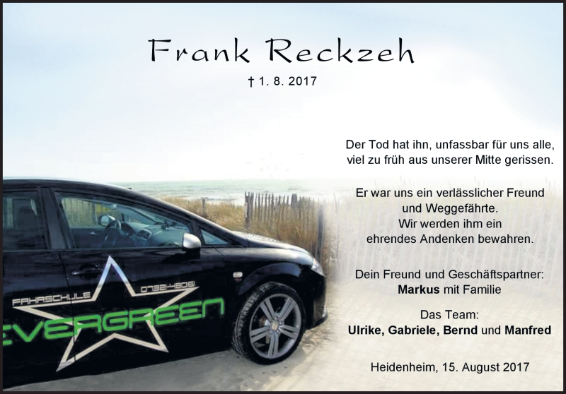  Traueranzeige für Frank Reckzeh vom 15.08.2017 aus Heidenheimer Zeitung
