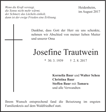 Traueranzeige von Josefine Trautwein von Heidenheimer Zeitung