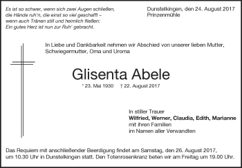 Traueranzeige von Glisenta  Abele von Heidenheimer Zeitung