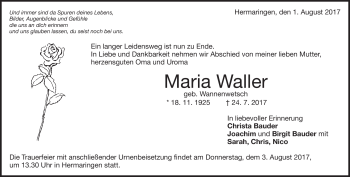 Traueranzeige von Maria  Waller von Heidenheimer Zeitung