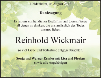 Traueranzeige von Reinhold Wickmair von Heidenheimer Zeitung