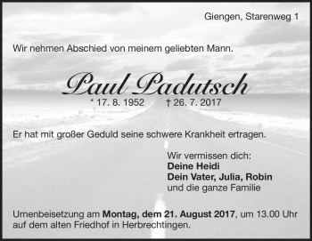 Traueranzeige von Paul Padutsch von Heidenheimer Zeitung