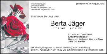 Traueranzeige von Berta Jäger von Heidenheimer Zeitung