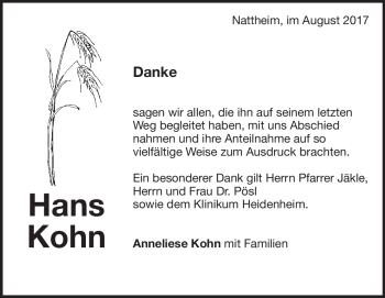 Traueranzeige von Hans Kohn von Heidenheimer Zeitung