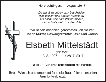 Traueranzeige von Elsbeth Mittelstädt 