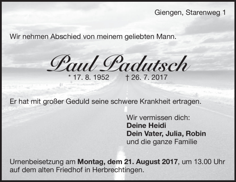  Traueranzeige für Paul Padutsch vom 15.08.2017 aus Heidenheimer Zeitung