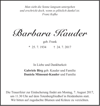 Traueranzeige von Barbara Kauder von Heidenheimer Zeitung