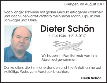 Traueranzeige von Dieter Schön von Heidenheimer Zeitung