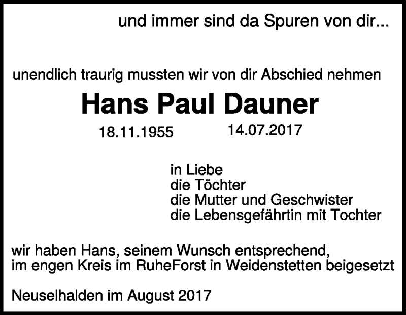  Traueranzeige für Hans Paul Dauner vom 04.08.2017 aus Heidenheimer Zeitung