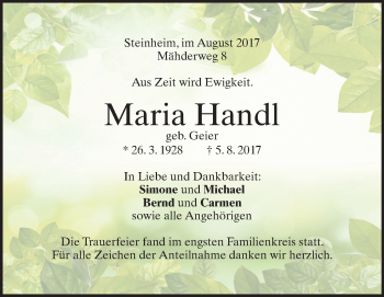 Traueranzeige von Maria Handl 