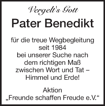 Traueranzeige von Pater Benedikt 