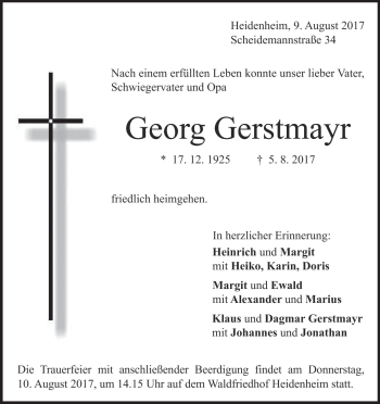 Traueranzeige von Georg Gerstmayr von Heidenheimer Zeitung