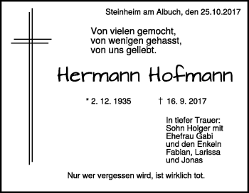 Traueranzeige von Hermann Hofmann von Heidenheimer Zeitung