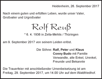Traueranzeige von Rolf Reuß von Heidenheimer Zeitung