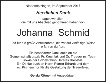 Traueranzeige von Johanna Schmid von Heidenheimer Zeitung