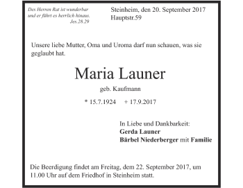 Traueranzeige von Maria Launer von Heidenheimer Zeitung