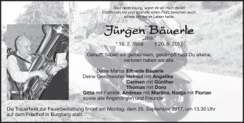 Traueranzeige von Jürgen Bäuerle von Heidenheimer Zeitung