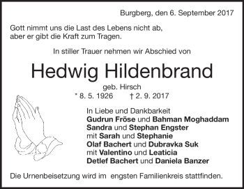 Traueranzeige von Hedwig Hildenbrandt von Heidenheimer Zeitung