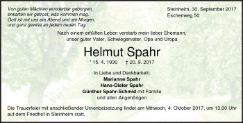 Traueranzeige von Helmut Spahr von Heidenheimer Zeitung