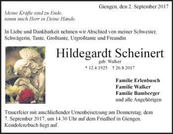 Traueranzeige von Hildegardt Scheinert von Heidenheimer Zeitung