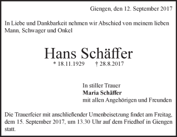 Traueranzeige von Hans Schäffer von Heidenheimer Zeitung